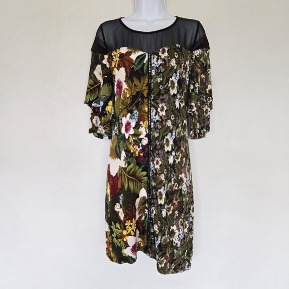 Desigual Morgana Floral Patchwork Dress Sz S Sheer‎ Mesh Bell Sleeve Cottagecore - Picture 3 of 13